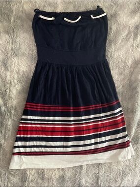 Navy Strapless Sundress with Red & White Stripes